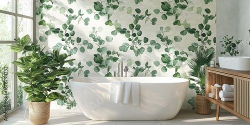 A serene bathroom features a large, freestanding white bathtub positioned against a wall adorned with a watercolor-style wallpaper depicting lush green eucalyptus leaves. 