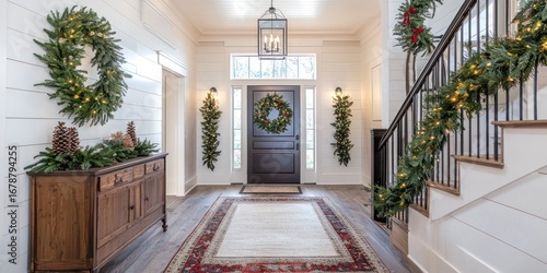 A warmly lit entryway showcases a traditional Christmas decor. A dark wooden console table sits beneath a large, arched doorway with a dark brown door and a wreath. Two wreaths, adorned with greenery