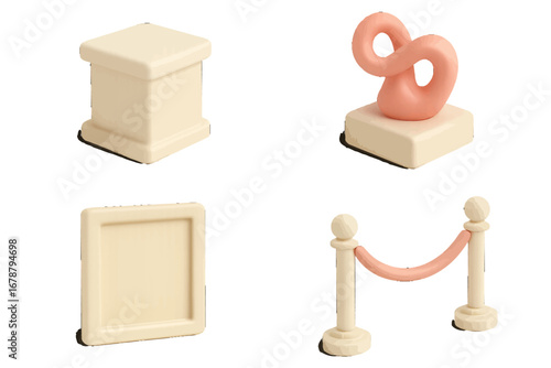 Abstract sculpture on pedestal with frame and stanchions. Modern 3D Icon Set