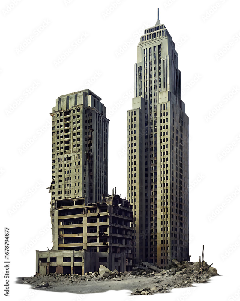 Fototapeta premium Ruined skyscrapers and debris on a background building destroyed isolated on a transparent background