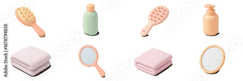 Pastel bathroom accessories set with brush, lotion, mirror, and towels. Modern 3D Icon Set