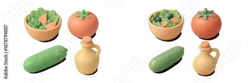 Stylized 3D render of fresh salad ingredients and olive oil bottle. Modern 3D Icon Set