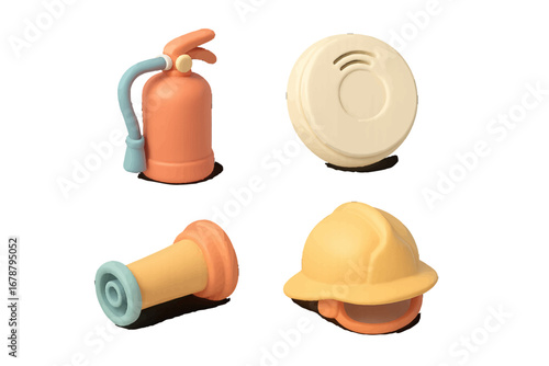 Safety equipment: fire extinguisher, smoke detector, hard hat, pipe fitting. Modern 3D Icon Set