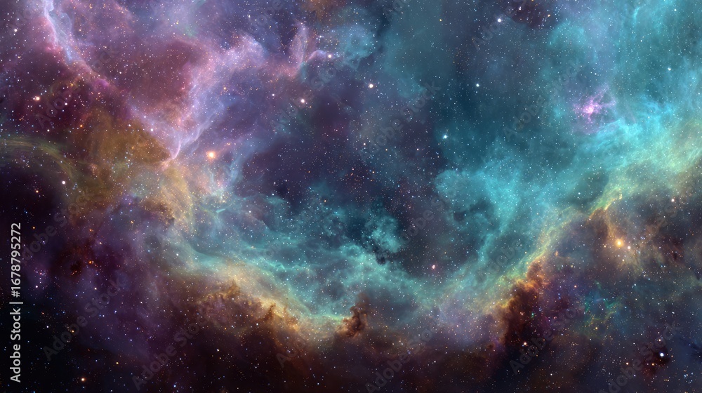 Obraz premium A vibrant, colorful view of space featuring cosmic clouds and twinkling stars. The nebula showcases an array of colors, including blue, purple, and orange.