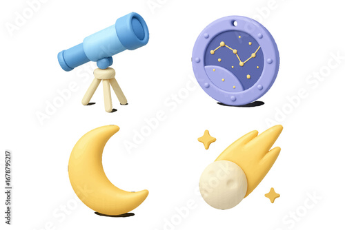 Stylized celestial objects and astronomical instruments for space exploration. Modern 3D Icon Set