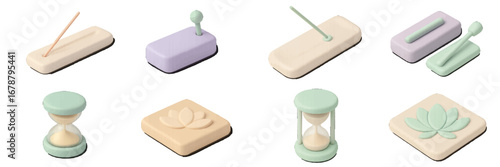 Isometric objects collection: incense holders, hourglasses, lotus designs. Modern 3D Icon Set