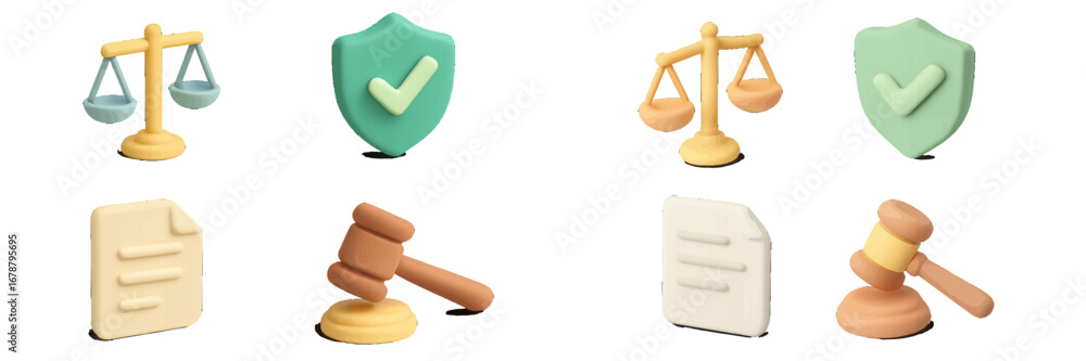 Fototapeta premium Legal Symbols: Scales, Gavel, Shield, Document Icons. Modern 3D Icon Set