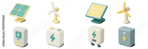Renewable energy sources and storage devices, solar panels, wind turbines, batteries, power outlets. Modern 3D Icon Set