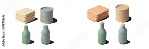 Isometric objects stacked squares barrels bottles soft shadows black background. Modern 3D Icon Set