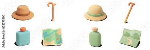 Outdoor adventure gear: hat, walking stick, map, water bottle. Modern 3D Icon Set