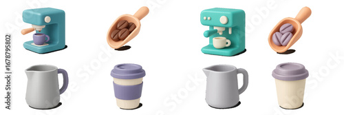 Espresso machine, coffee beans, milk jug, and travel cup. Modern 3D Icon Set