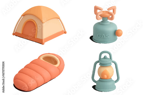Camping Essentials: Tent, Sleeping Bag, Stove, Lantern. Modern 3D Icon Set