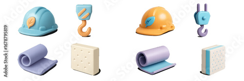 Construction elements: safety helmet, crane hook, rolled mat, insulation block. Modern 3D Icon Set