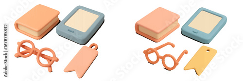 Books, e-reader, glasses, and bookmark 3D objects. Modern 3D Icon Set