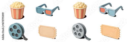 Cinema movie icons: popcorn, 3D glasses, film reel, ticket. Modern 3D Icon Set
