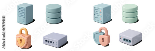 Computer server, database, network switch, and security lock icons. Modern 3D Icon Set