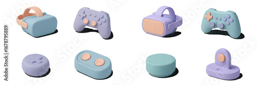 Pastel gaming accessories and virtual reality headset. Modern 3D Icon Set