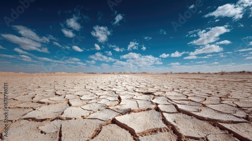 A vast expanse of cracked earth stretches towards the horizon, under a brilliant blue sky filled with scattered clouds. The parched ground reveals a landscape shaped by drought and harsh conditions