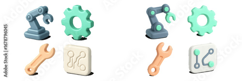 Industrial robot arm, gear, wrench, and circuit board icons. Modern 3D Icon Set
