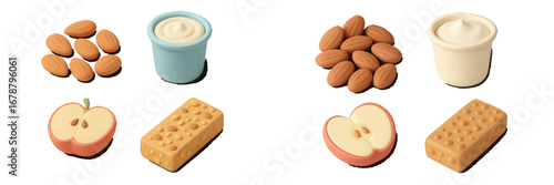 Healthy Food Assortment: Nuts, Yogurt, Fruit, and Granola Bar. Modern 3D Icon Set