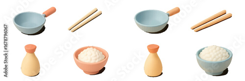 Asian Food Elements: Rice Bowl, Chopsticks, Sauce Bottle. Modern 3D Icon Set