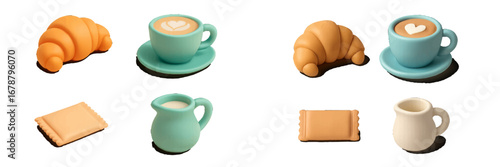 Coffee Cups Croissants and Milk Jugs. Modern 3D Icon Set