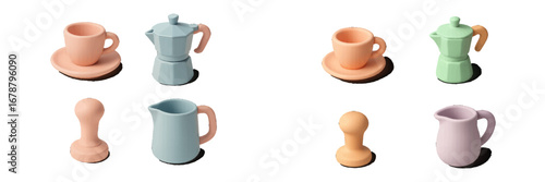 Pastel coffee set with espresso maker, cup, saucer, and creamer. Modern 3D Icon Set