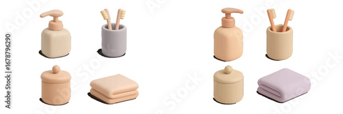 Minimalist bathroom accessories set with soap dispenser, toothbrushes, jar, and folded towels. Modern 3D Icon Set