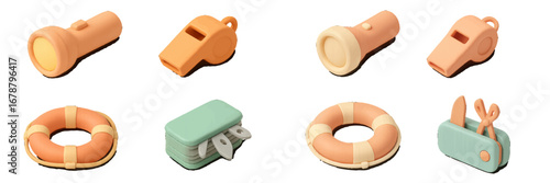 Cartoon safety and rescue equipment icons. Modern 3D Icon Set