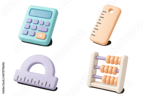 Colorful school supplies: calculator, ruler, protractor, abacus. Modern 3D Icon Set
