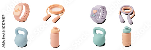 Pastel fitness accessories collection with smartwatches, jump ropes, kettlebells, and water bottles. Modern 3D Icon Set
