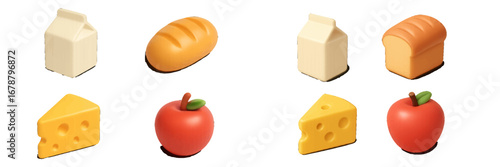 Isometric food items: milk, bread, cheese, and fruit. Modern 3D Icon Set