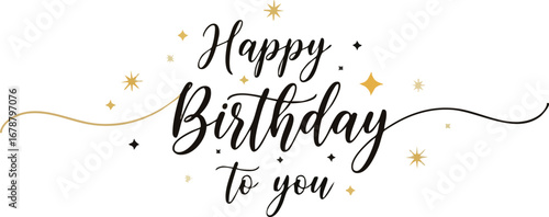 Elegant Happy Birthday greeting card with gold stars and stylish calligraphy design