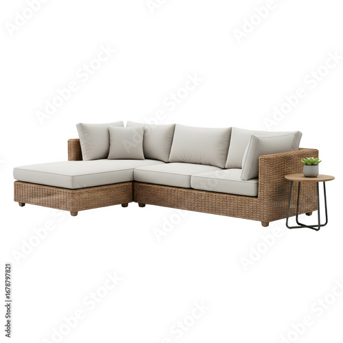 Comfortable sectional outdoor wicker sofa with plush cushions and side table isolated on transparent background