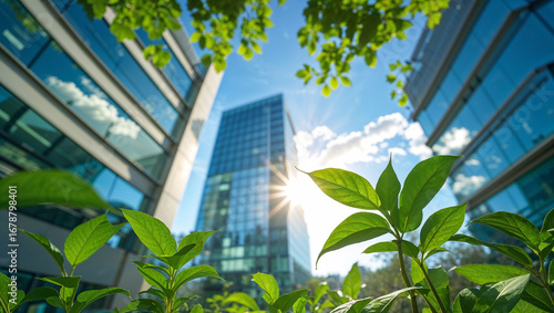 City skyline integrated with greenery symbolizing environmental awareness and responsibility