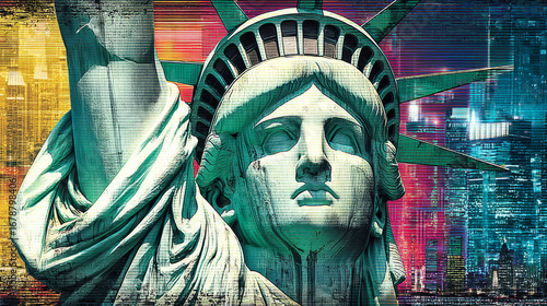 Glitch art poster of Statue of Liberty with an intense expression against vibrant, abstract New York City skyline. This digital artwork features chaotic colors and modern design