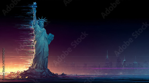 Epic futuristic digital art of Statue of Liberty monument at sunset. This powerful and dramatic glitch art poster shows New York City landmark against dark sky