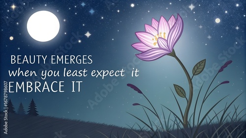 Inspirational Quote with Glowing Flower Under the Full Moon.