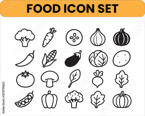 Flat & Outline Fruit Vegetables Icons  Editable 