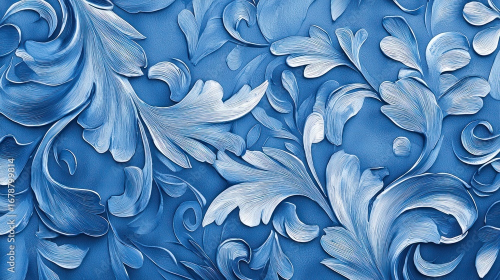 A close-up, textured image of a blue and white decorative pattern resembling stylized foliage. The design features swirling, ornate elements with a three-dimensional effect