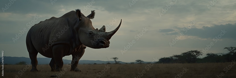 Fototapeta premium Large Adult Rhinoceros Walking in Open Grassland During Sunset with Dark Cloudy Sky