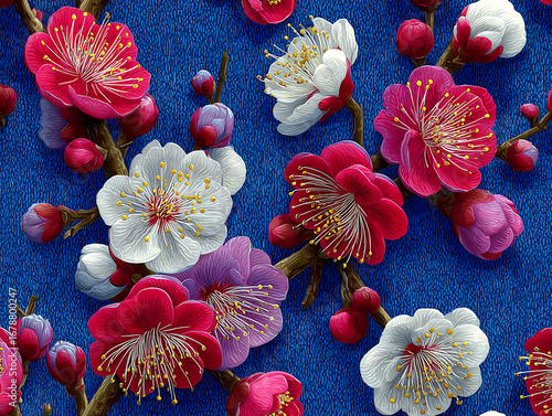 elegant seamless pattern of stylized ume (plum blossoms) in shades of red, pink