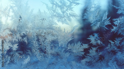 delicate ice crystals artfully forming on a window, capturing the mesmerizing beauty of winter. The frosty patterns create an enchanting and ethereal scene