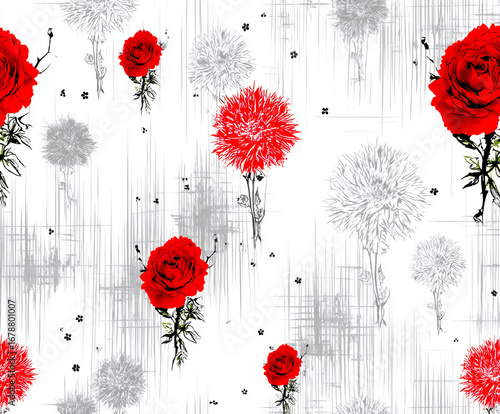 modern seamless pattern of abstract brushstrokes forming organic shapes in black and red on a textur