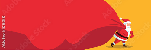 Santa Claus Carrying Big Sack, Delivering Gifts, Merry Christmas, , Banner Vector Illustration
