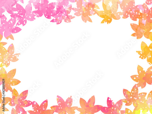秋の紅葉のイメージの背景素材。水彩風テクスチャー。紅葉の葉っぱのシルエット。かわいい色調。カラフル。ふんわりした光の輝き。広いコピースペース。