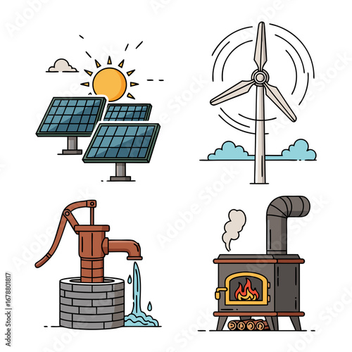 Off Grid Living Icon Set Featuring Solar Panels Wind Turbine Hand Pump and Wood Stove Illustrations for Sustainable Home Energy Solutions