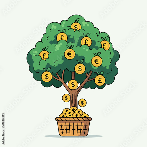 Money Tree Illustration Visualizing Dividend Investing Growth with Coins Sprouting on Branches and Planted in a Basket