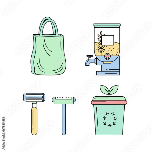 Minimalist Zero Waste Lifestyle Icons Set Featuring Tote Bag, Manual Coffee Grinder, Safety Razor, and Recyclable Plant Pot