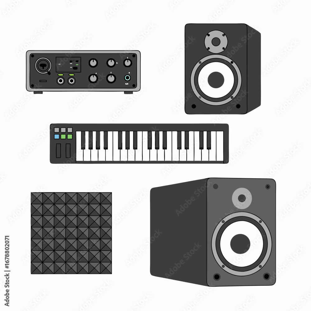 Fototapeta premium Illustration of a Compact Home Recording Studio Gear Setup with Midi Keyboard, Audio Interface, Studio Monitors, and Acoustic Panels